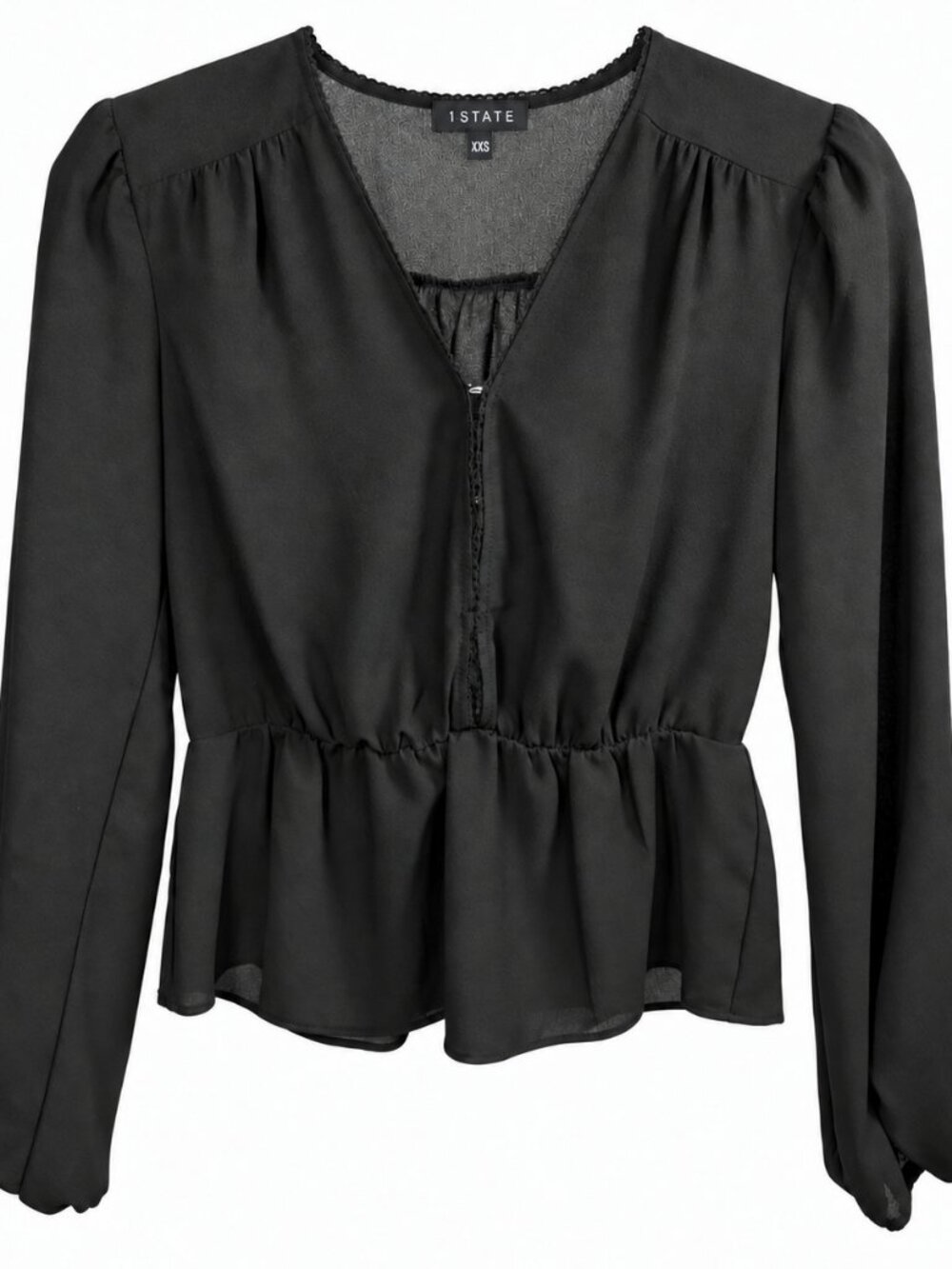 1.STATE Black Sheer Lace-Trim V-Neck Peplum Blouse – Size XXS